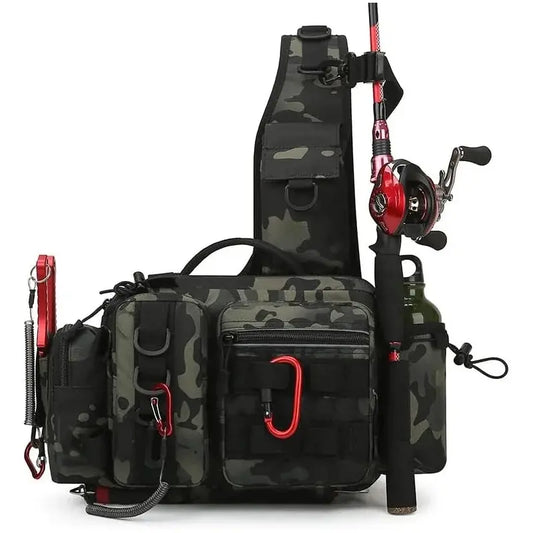 Fiskra Pro SlingPack – Multifunktionell fiskeryggsäck med betesask, förvaringsfickor och spöhållare