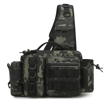 Fiskra Pro SlingPack – Multifunktionell fiskeryggsäck med betesask, förvaringsfickor och spöhållare