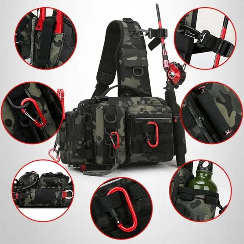 Fiskra Pro SlingPack – Multifunktionell fiskeryggsäck med betesask, förvaringsfickor och spöhållare
