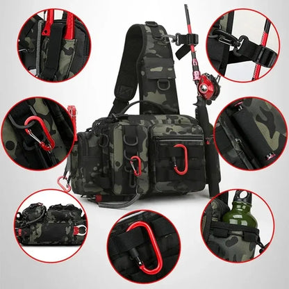 Fiskra Pro SlingPack – Multifunktionell fiskeryggsäck med betesask, förvaringsfickor och spöhållare