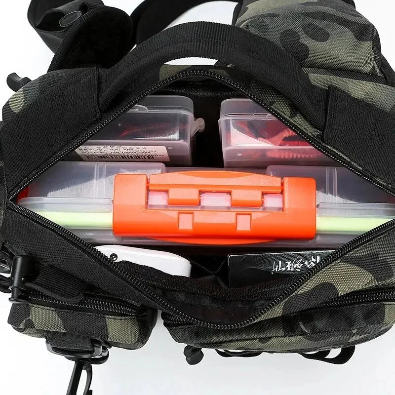 Fiskra Pro SlingPack – Multifunktionell fiskeryggsäck med betesask, förvaringsfickor och spöhållare